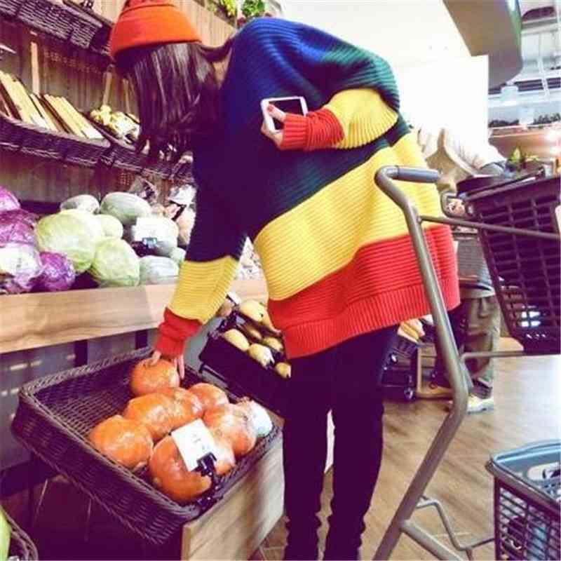 

Loose Casual Knit Sweater Women Autumn Female Long Sleeve Striped Knitted Sweaters Femme Winter Cloth Plus Size 210603, Rainbow