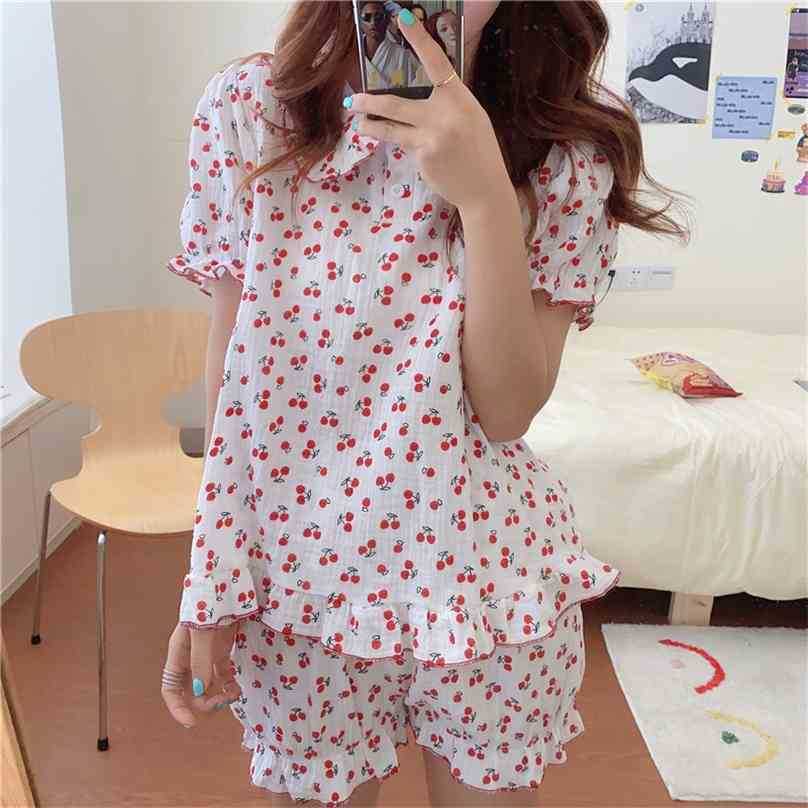 

Summer Cotton Pajamas Cherry Printe Two Piece Suits Stylish Sleepwear Women Femme Home Chic Loose Sets 210525, Photo color
