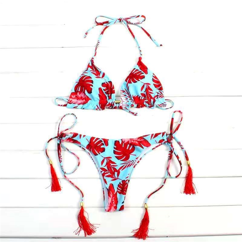 

Spain Halter Neck Tassel Women Strappy Bandage Swimsuit Beachwear Sizes  to L 210722, Red