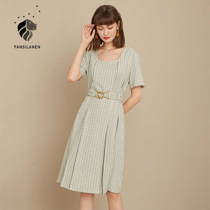 

FANSILANEN Short sleeve pleated plaid dress Women vintage belt slim summer Female elegant green office midi vestidos 210607