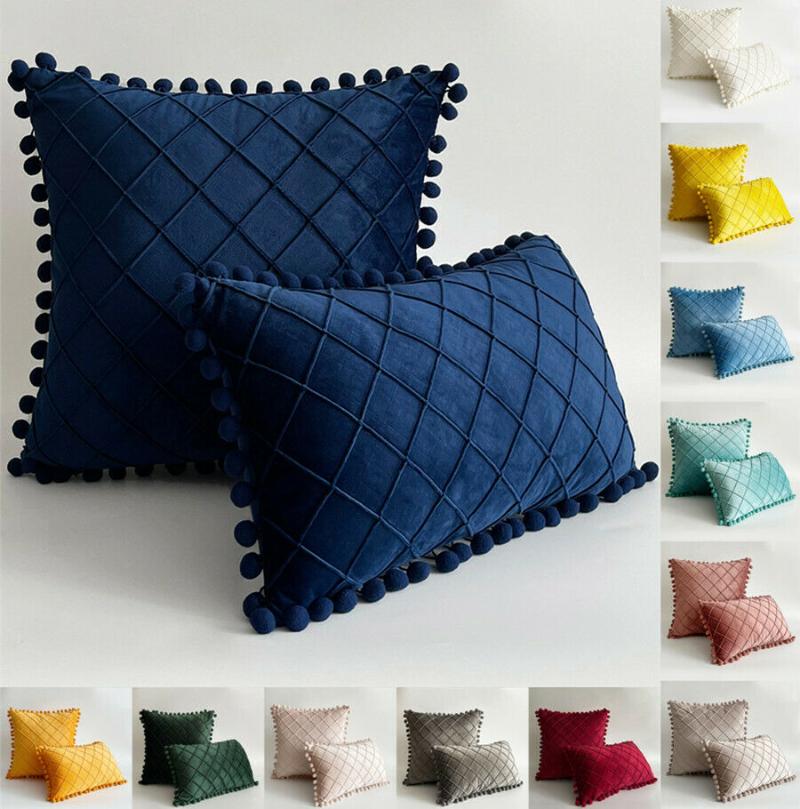 

Cushion/Decorative Pillow Velvet Waist Throw With Pompom Solid Color Decorative Cushion Sofa Set Bedroom Pillowcase Blue Pink