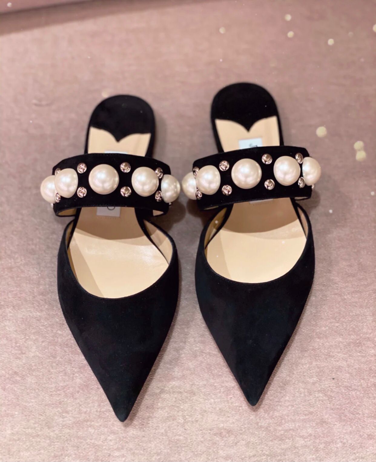 

Elegant Brands Basette Slippers Women Sandals Flats Black Suede Nude Leather Point-toe Bridal Wedding Dress Pointed Toe Pearls & Studs Lady Walking EU35-43