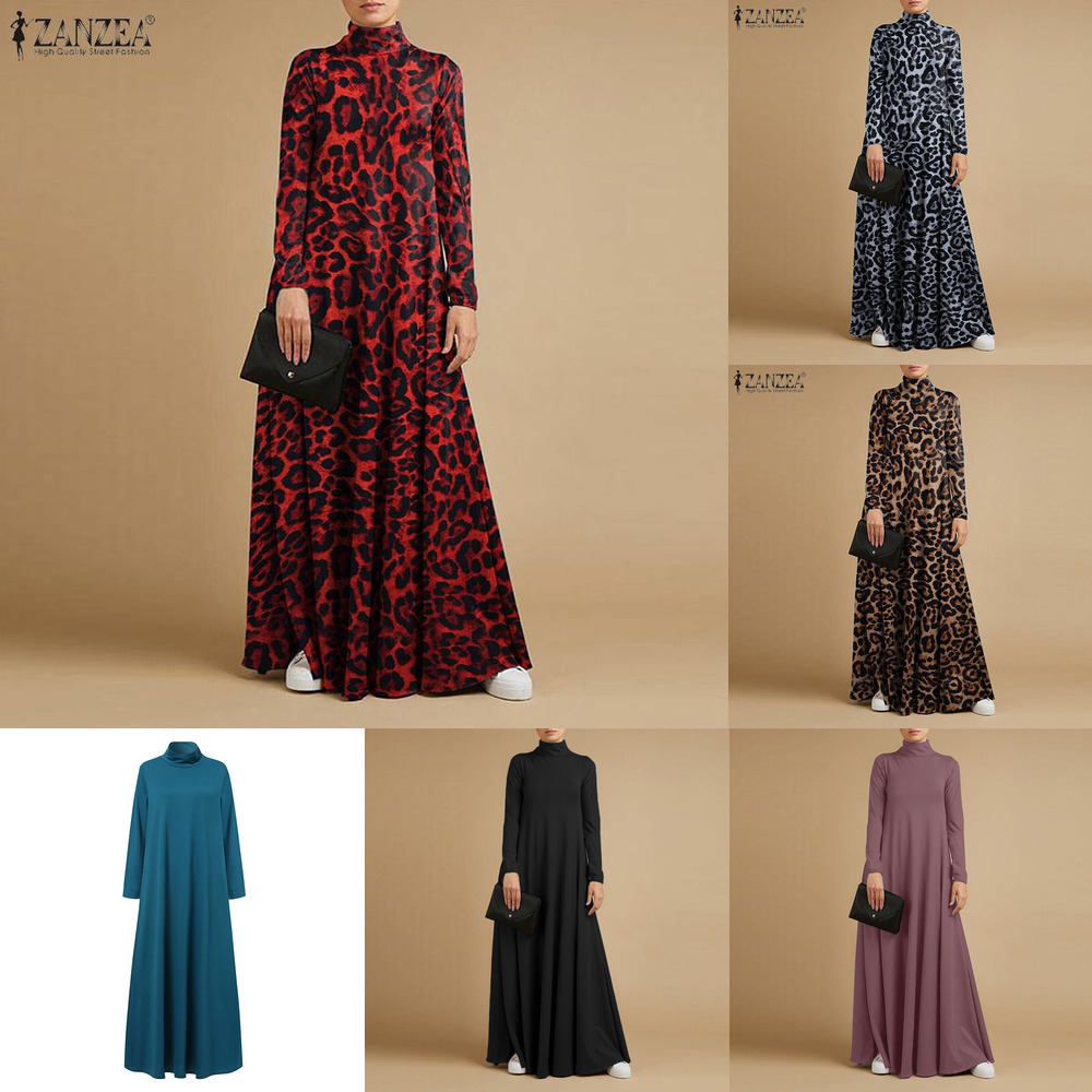 

Autumn Turtleneck Long Sleeve Sundress Fashion Women Maxi Long Dress Baggy ZANZEA Elegant Solid Casual Vestido Kaftan Robe Femme X0521, Leopard red