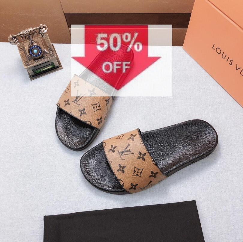 

1-M8 hot LV LOUIS VITTON fashion Beach Slide Sandals male female flower blooms print leather Slippers EUR:36-45, Black