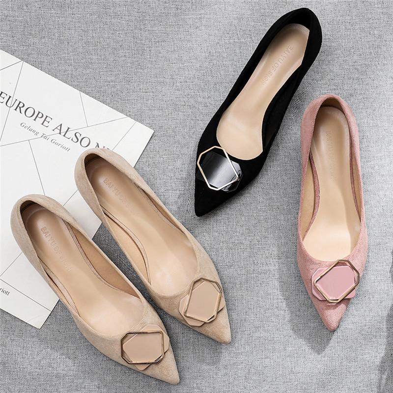 

2021 Spring Small Thin High Heels Women Shoes Square Buckle Solid Slip Ons Flock Pointed Toe Sexy Elegant Office Career Heels, 296-48-black