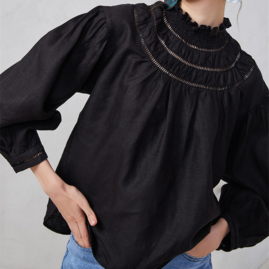 

2021 New Primavera Linho Blusa Feminina Rendas Retalhos Oco Para Fora Das Senhoras Camisa Preto Branco Solto Camisas Topo Ngcq, Black