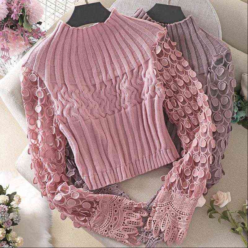 

Womens Sweater Three dimensional Circle Bubble Sleeve Tight Skinny Short Stitching Round Neck Women Tide, White;black