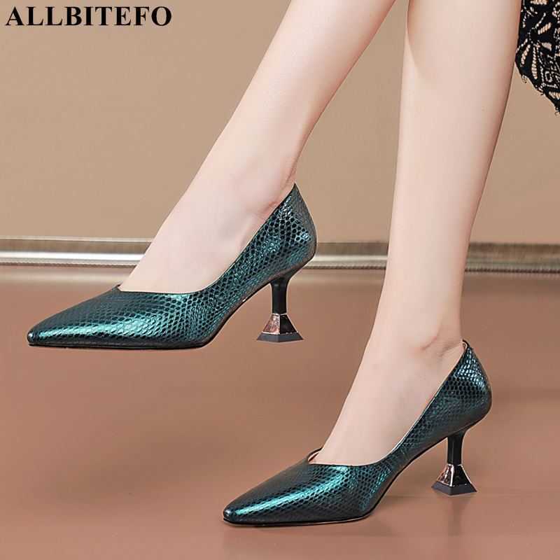 

ALLBITEFO natural genuine leather high heels green fashion sexy pointed toe club party wedding shoes pumps women heels shoes 210611, As picture