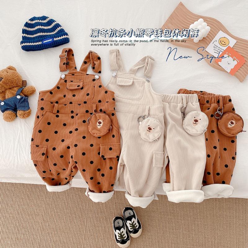 

Jumpsuits 2021 Baby Boys Clothes Corduroy Overalls Pockets Pants Matched With Bear Wallet Girl Polka Dot Velvet, Beige pants