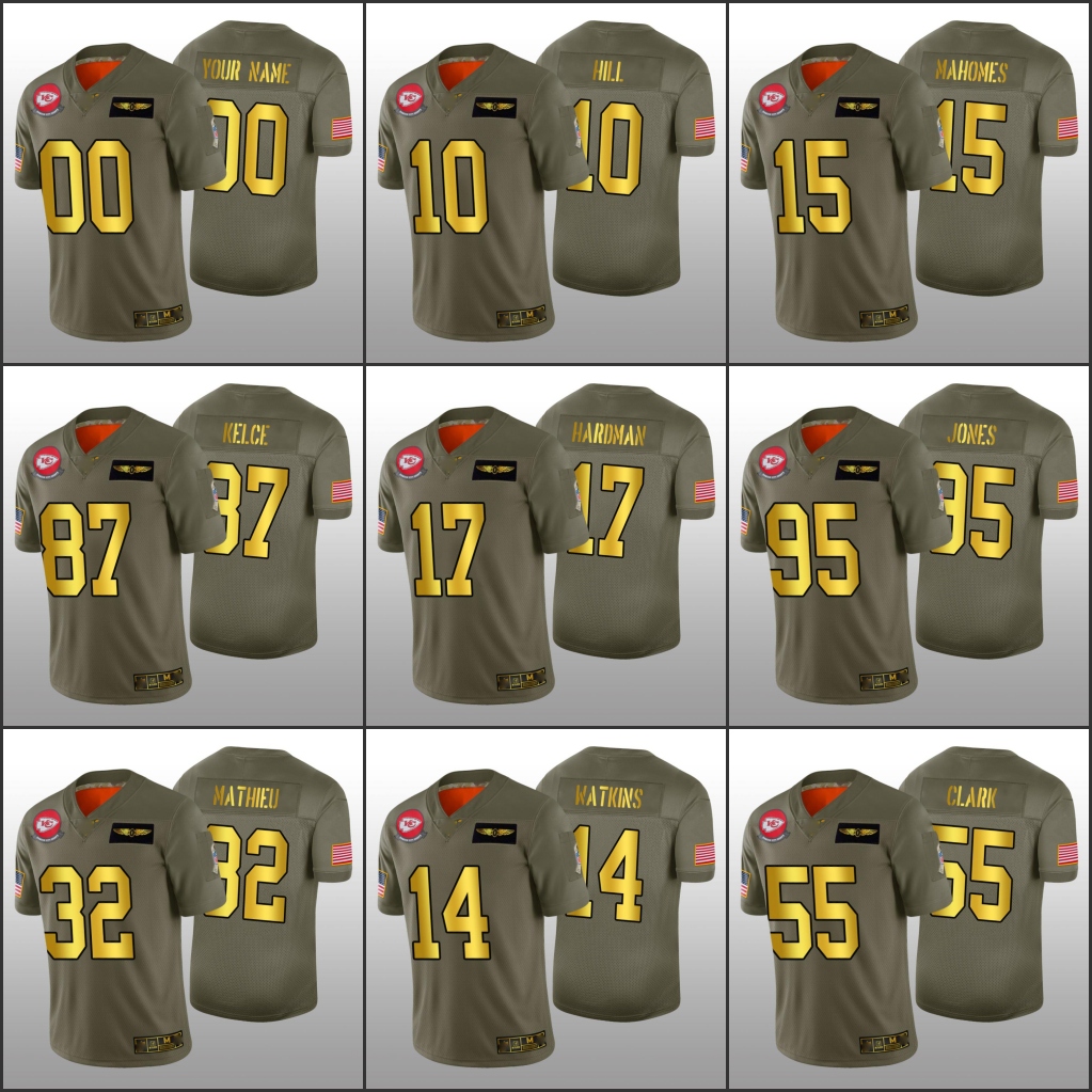 

KansasCityChiefsMen #15 Patrick Mahomes 10 Hill 87 ravis Kelce Custom Women Youth Salute to Service Golden Jersey