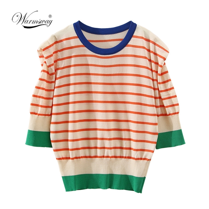 

Korean Striped Short T-Shirt Summer Puff Sleeve Knitted Pullovers O-Neck Women Casual Slim Tee Tops Thin Knitwear B-043 210708, Orange