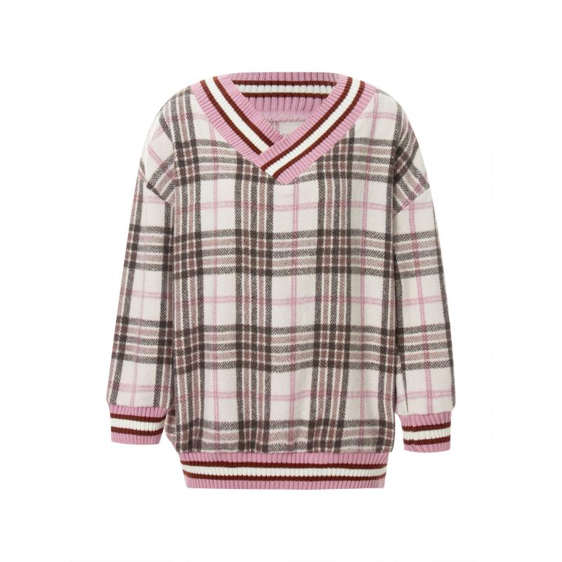 

Women's Sweaters Women College Style Sweater With Plaid PatternV-neck Loose Version Pullovers Spring Clothing