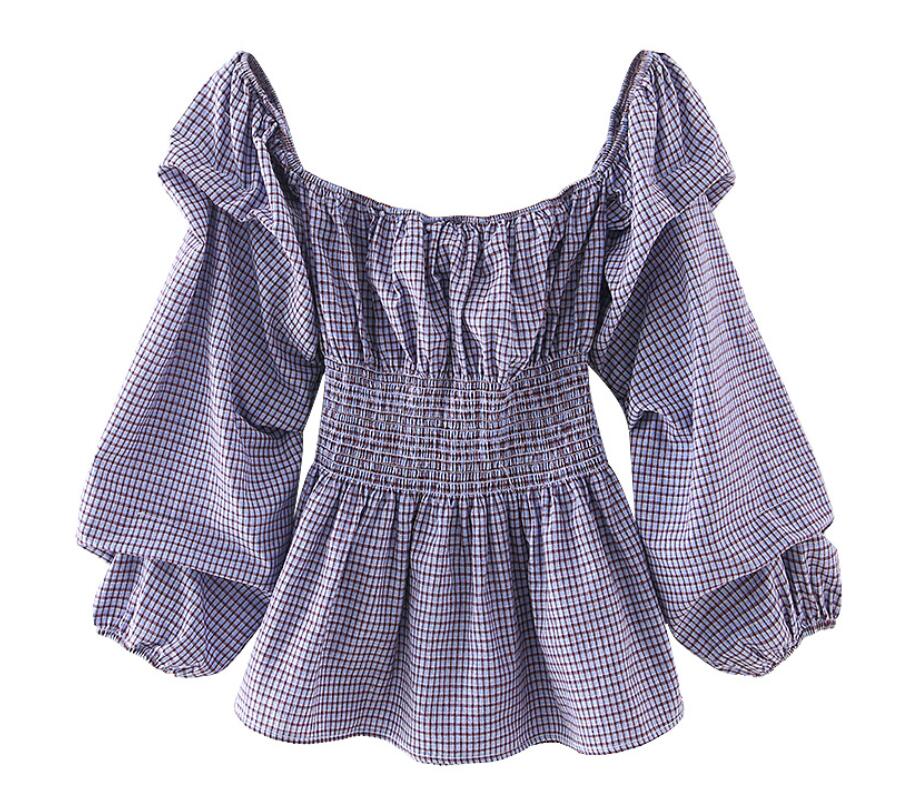 

2021 Spring Elastic Off Shoulder Gingham Check Plaid Women Shirt Holiday Big Lantern Sleeve Slim Ruched Waist Blouse BOHO Tops, Red