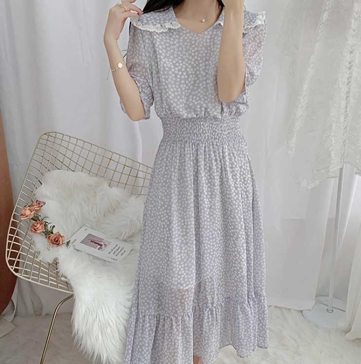 

Korean Fashion Floral Chiffon Dress Women Party Casual Long Sleeve Vintage Female Lace Patchwork Peter Pan Collar Summer 210526, Picture color