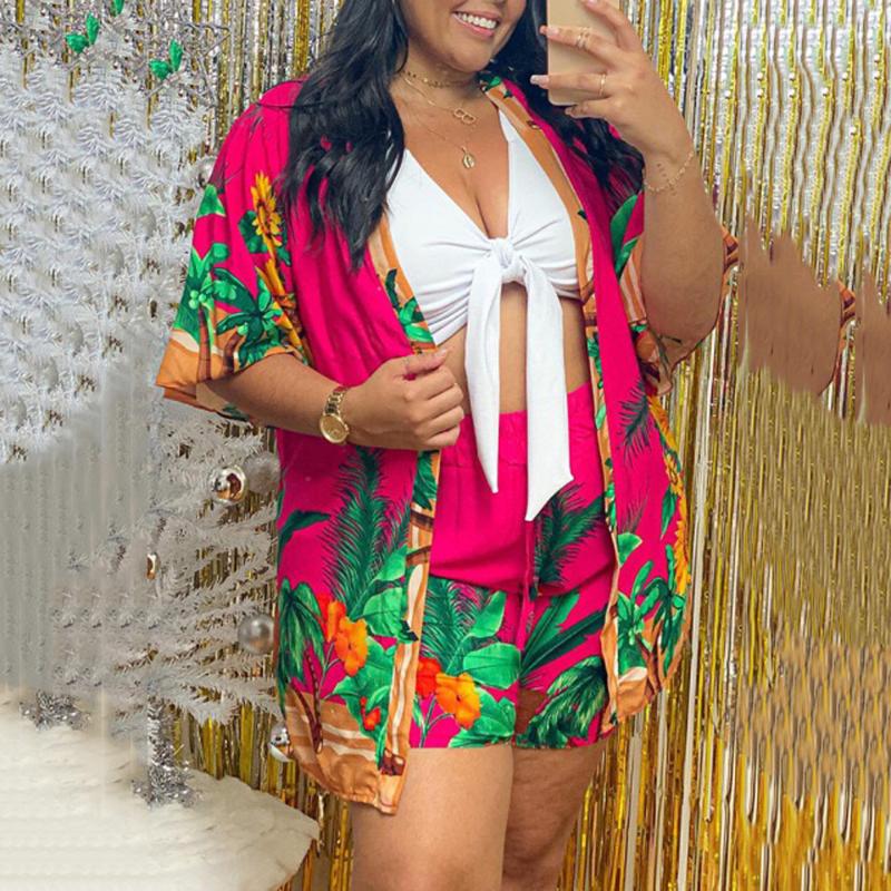 

Women's Tracksuits 4XL 5XL Plus Size Sets For Women Fat Red Printed Tops & Short Pants Fashion Causal 2021 Summer Clothes Outfits Matching, Fashion sets