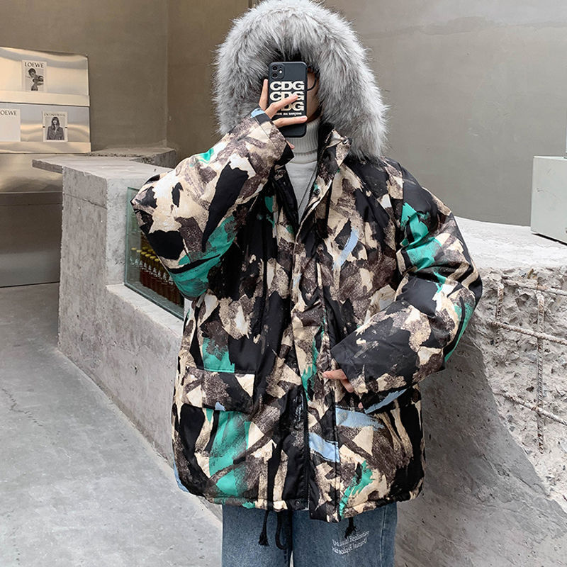

2021 New Winter Thick Camouflage Jacket Men's Parka Warm Fashion Casual Fur Collar Hooded Men Loose Korean Short Coat Mens Clothes 9dbb, Camouflage red