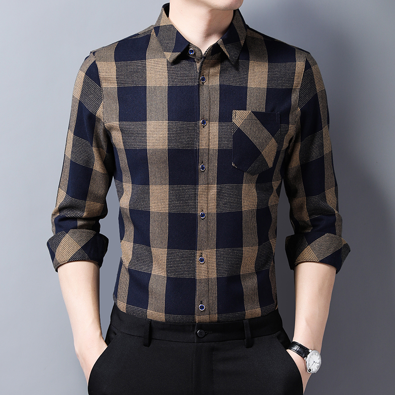 

Casual Men Shirts Slim Fit Fashion Plaid Shirt Spring Long Sleeve Camisa Masculina Men Clothes C722, Blue