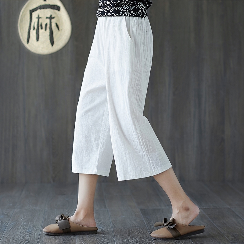 

100% Cotton Plus Size Women Pants Summer Elastic Waist Loose Casual White Wide Leg Women's Pocket Linen Trousers 210603, Orange