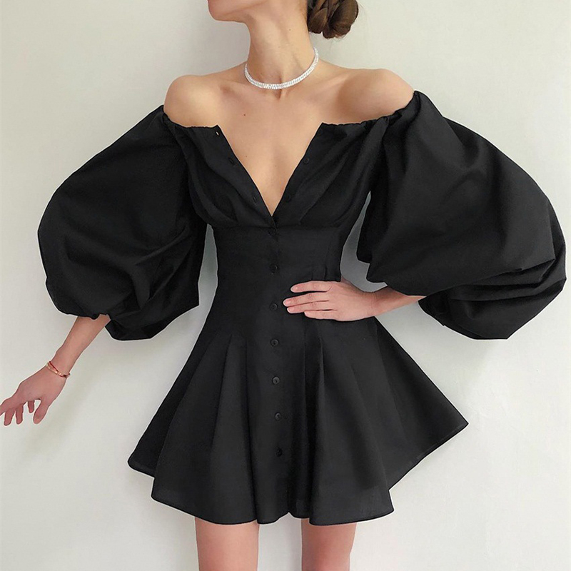 

2021 New Women Spring Slash Neck Pleated Fashion Half Sleeve Slim a Line Autumn Female Solid Cardigan Mini Party Vestido Uwdn, Black