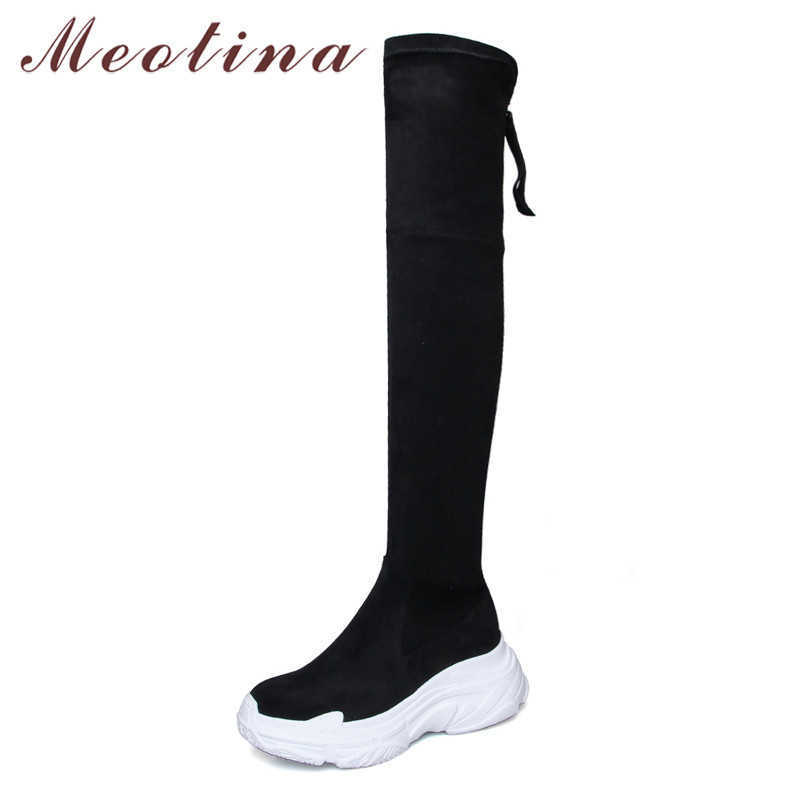 

Meotina Autumn Thigh High Boots Women Real Leather Flat Platform Over The Knee Boots Zipper Slim Stretch Shoes Female Size 34-39 210608, Black