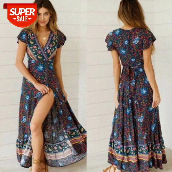 

UK Womens V Neck Floral Split Dress Boho Summer Dress Beach Casual Long Sundress HUA #Fl8o, Black;gray