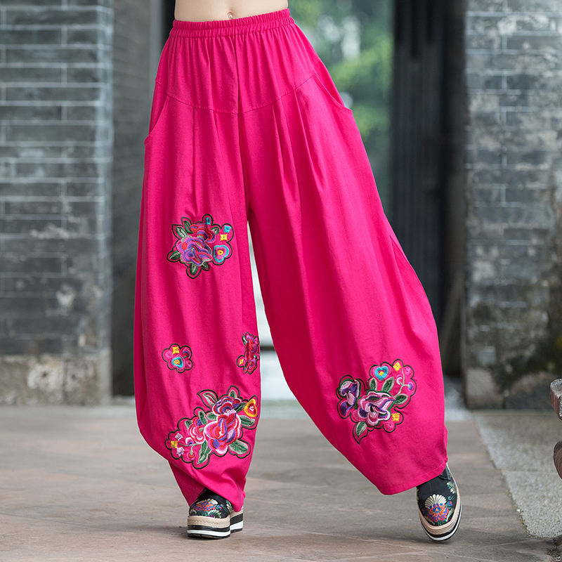 

Spring Female Autumn New Size Big Ethnic Flax Embroidered Leg Bloomers Pants Dx46