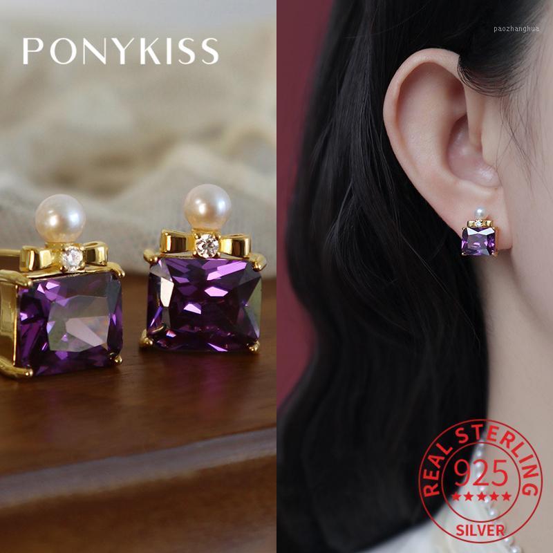 

Stud PONYKISS Trendy 925 Sterling Silver Perfume Bottle Purple Zircon Pearl Earrings For Women Cute Fine Jewelry Drop, Golden;silver