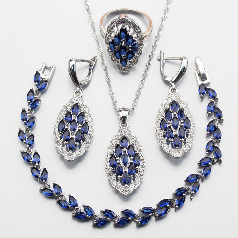 

Earrings & Necklace Unique 7-Color Silver Color With Natural Stone CZ Blue Jewelry Sets For Women Fashion Wedding Party Costume