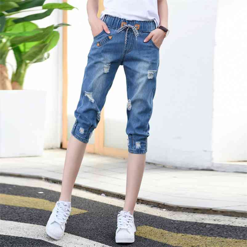 

Women Summer Ripped s Jeans Woman Female Loose Calf-Length Denim Shorts Casual High Waist Harem Pants 210629, Light blue