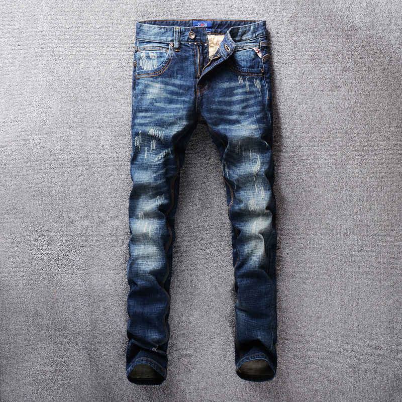 

2021 New Italian Vintage Style Fashion Dark Blue Color Slim Fit Ripped Men Classical Denim Pants Streetwear Hip Hop Jeans Ozye, Light blue color