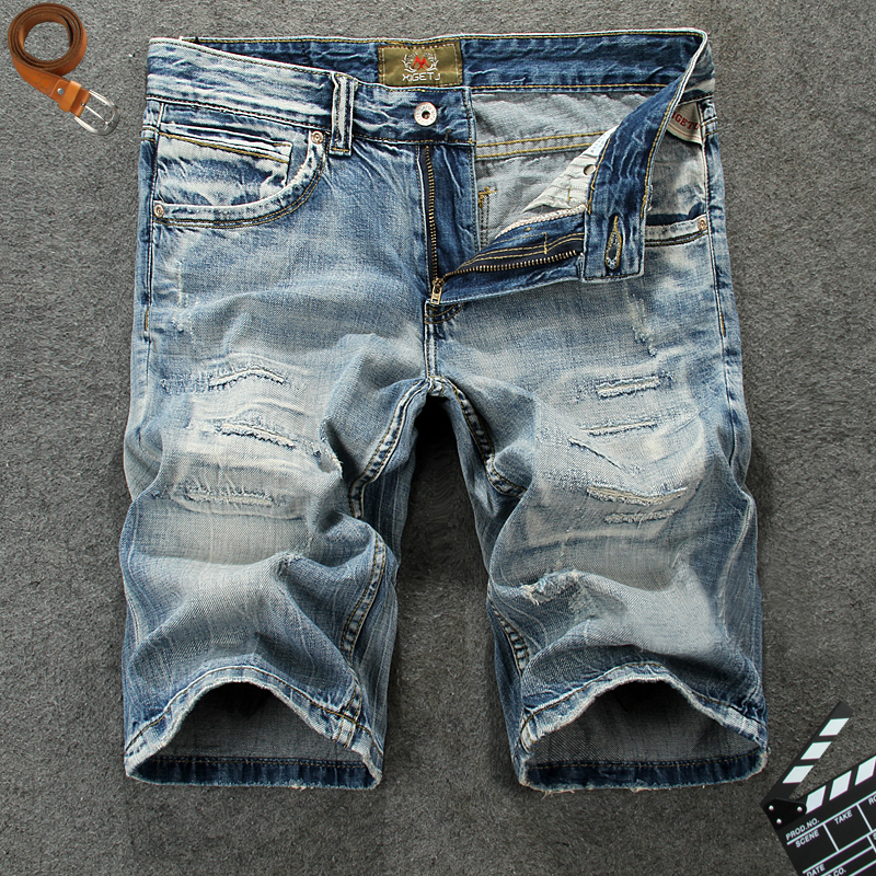 

2021 New Summer Fashion Blue Destroyed Ripped Short Hombre Streetwear Hip Hop Jeans Shorts Men Bermuda Masculino L47g