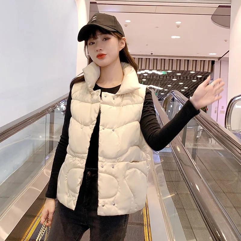 

Women's Vests 2021 Autumn Down Cotton Vest Short Padded Women Coat Loose Wild Sleeveless Jacket Feminino Tops, Black;white