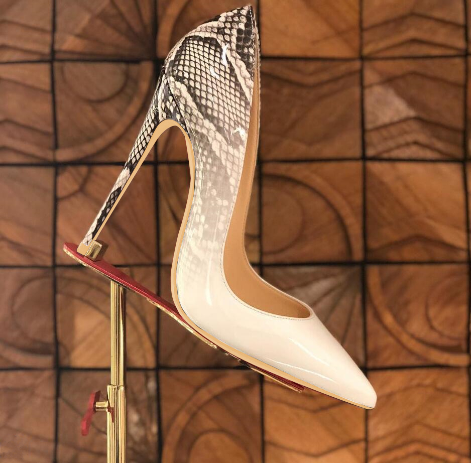 

Casual Designer sexy lady fashion women dress shoes White python patent leather pointy toe stiletto stripper High heels Prom Evening pumps large size 44 12cm, White 12cm