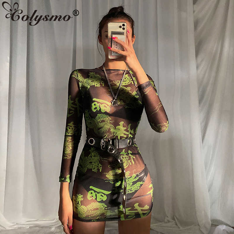 

Colysmo Print Mesh Sexy Dress See Through Long Sleeve Bodycon Summer Women O Neck Outfits Night Club Mini Party es 210527, Green