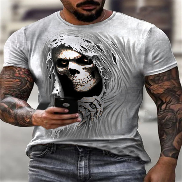 

Cape skull pattern 3D printed T shirt visual impact party shirt punk goth round neck high-quality American muscle style short sleeves, White