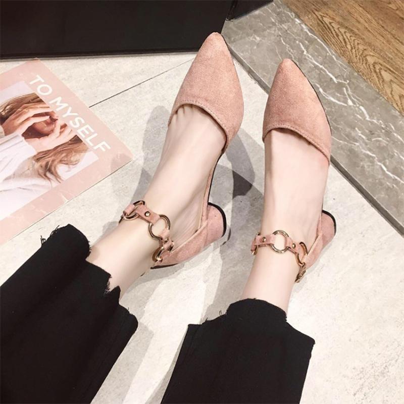 

Fashion Womens Shoes 2021 Beige Heeled Sandals All-Match Med Buckle Strap Luxury Black New Closed Comfort Medium Block Pointed G