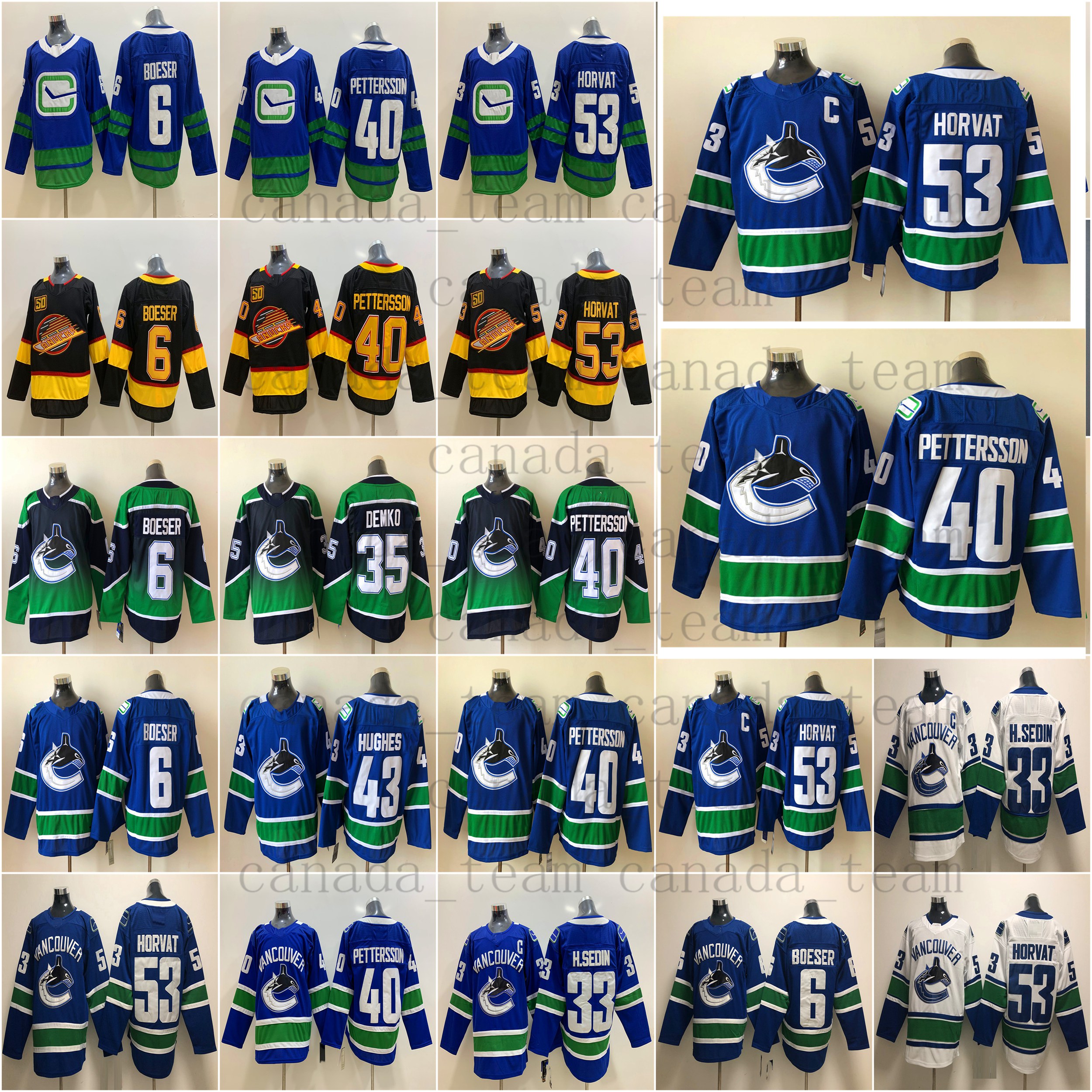 

Reverse Retro Hockey Vancouver Canucks Jerseys Elias Pettersson Jersey Quinn Hughes Brock Boeser Bo Horvat Thatcher Demko Pavel Bure Alexand, Black;red