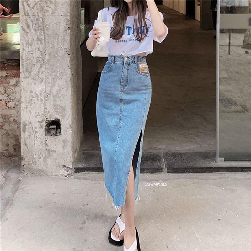 

Skirts Women Long Denim Skirt2021 Summer Style Retro High-waisted Jeans Skirt Female Straight Side Slit A-line, Black