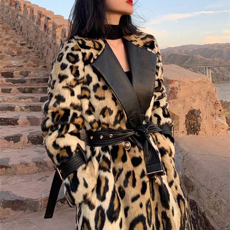 Lautaro Winter Long Leopard Print Warm Fluffy Faux Fur Trench Coat for Women Long Sleeve Double Breasted European Fashion 210927