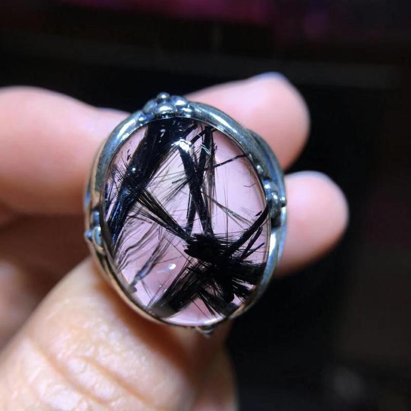 

Cluster Rings Natural Black Rutilated Quartz Women Men Adjustable Ring 925 Silver 19x15mm Oval Beads Fashion Certificate, Golden;silver