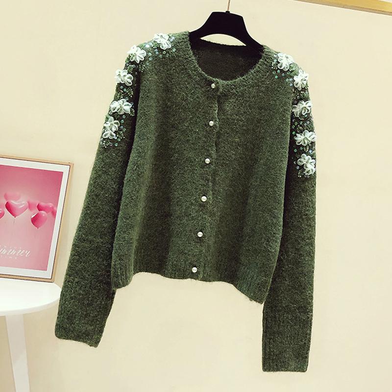 

Women's Knits & Tees 2021 Autumn Winter Fashion Designer Top Women Green Beading 3D Flowers Single Breasted Casual Cardigan, White