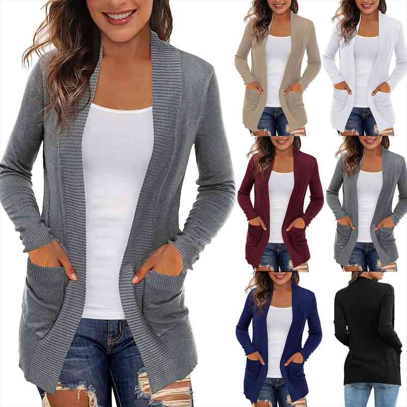 

Womens Solid Leisure Sweater Cardigans With Pockets Casual Lightweight Open Front Cardigan Slim Autumn Sweaters Female, White;black