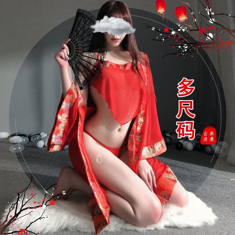 

Fantasy big size underwear female sexy kimono perspective gauze Hanfu ancient bathrobe temptation red bridal dress