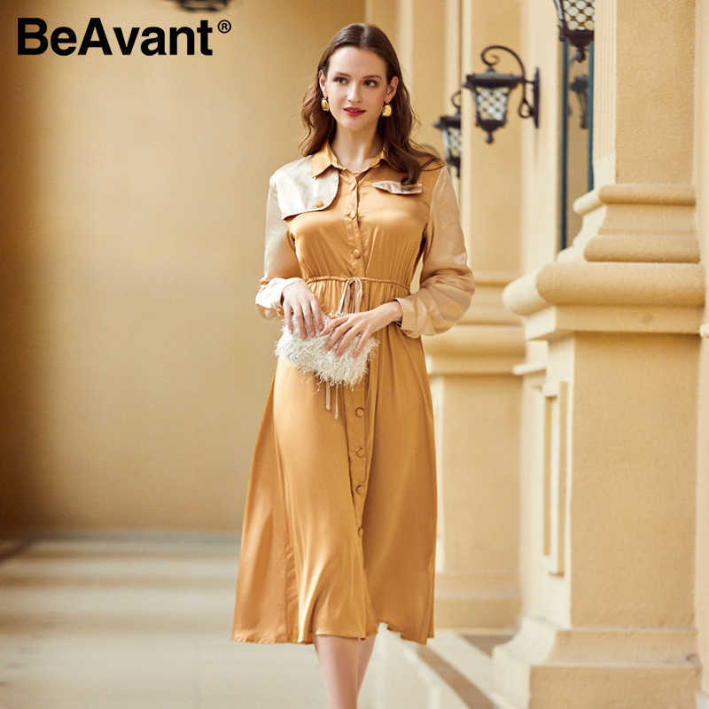

BeAvant Women's elegant Khaki mid waist long sleeve dress autumn winter long female versatile solid color satin dress 210709