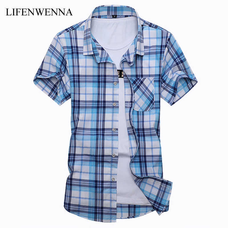 

Plus Size M-7XL Summer Fashion Men's Shirt Slim Fit Men Short Sleeve Plaid s Mens Clothes Trend Casual Social 210721, 6911 navy