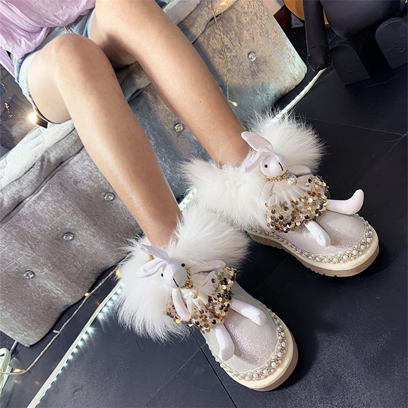 

Beautiful White Fox Stuffed Skin Rabbit Snowshoe Boots for Woman Diamond Ornament Winter Kawaii Anime Lolita Shoes Tg7m
