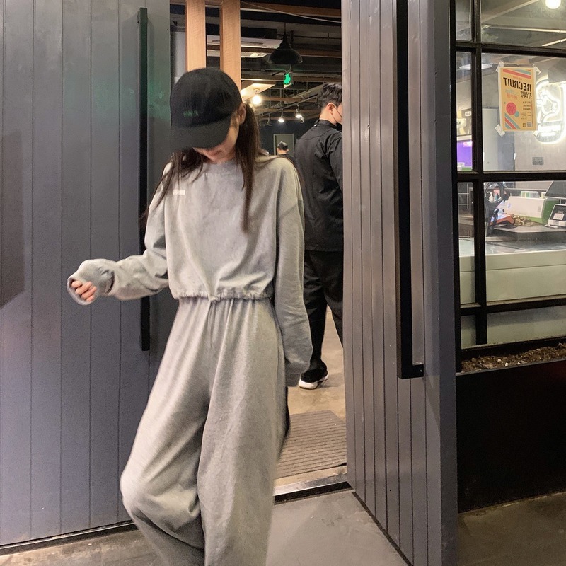 

2021 New Lazy Drawstring Sports Suit Women's Long-sleeved Sweater Top High Waist Pants Casual Two-piece Set Spring and Autumn Z56q, Black