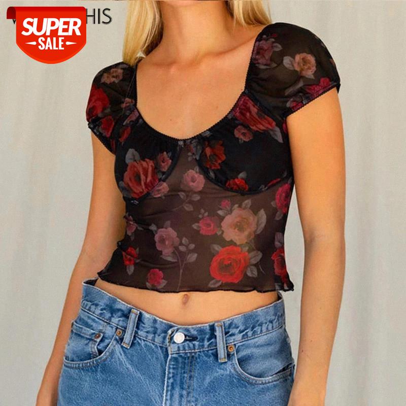 

WannaThis Mesh Crop Top Women Puff Sleeve Shirts Rose Print O-Neck See-Through Sexy Summer Tank Top Black Transparant Summer #z862, White