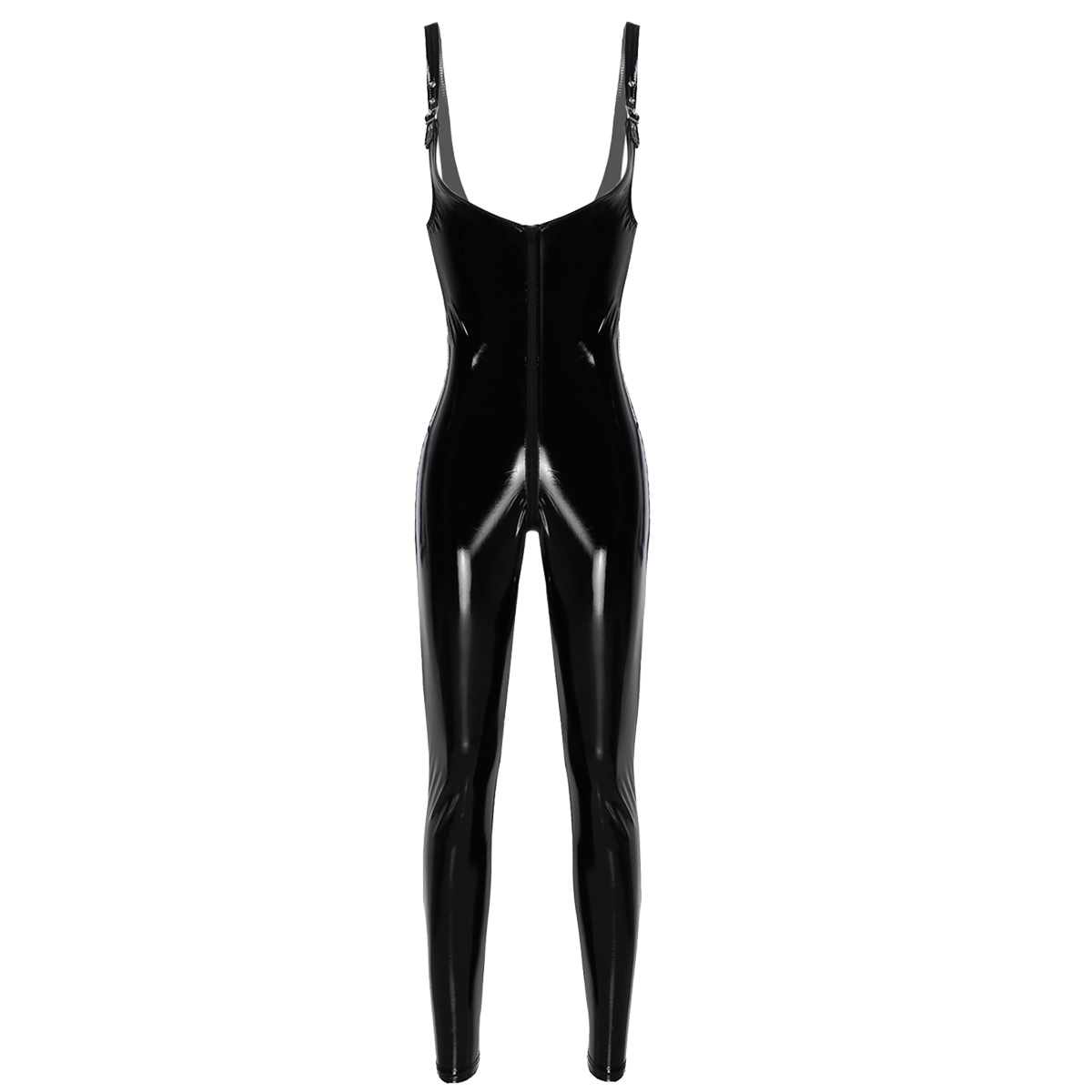 

Women Shiny Metallic Black Patent Leather Bodysuit Adjustable Straps Sexy Catsuit Jumpsuit Female Rave Party Clubwear