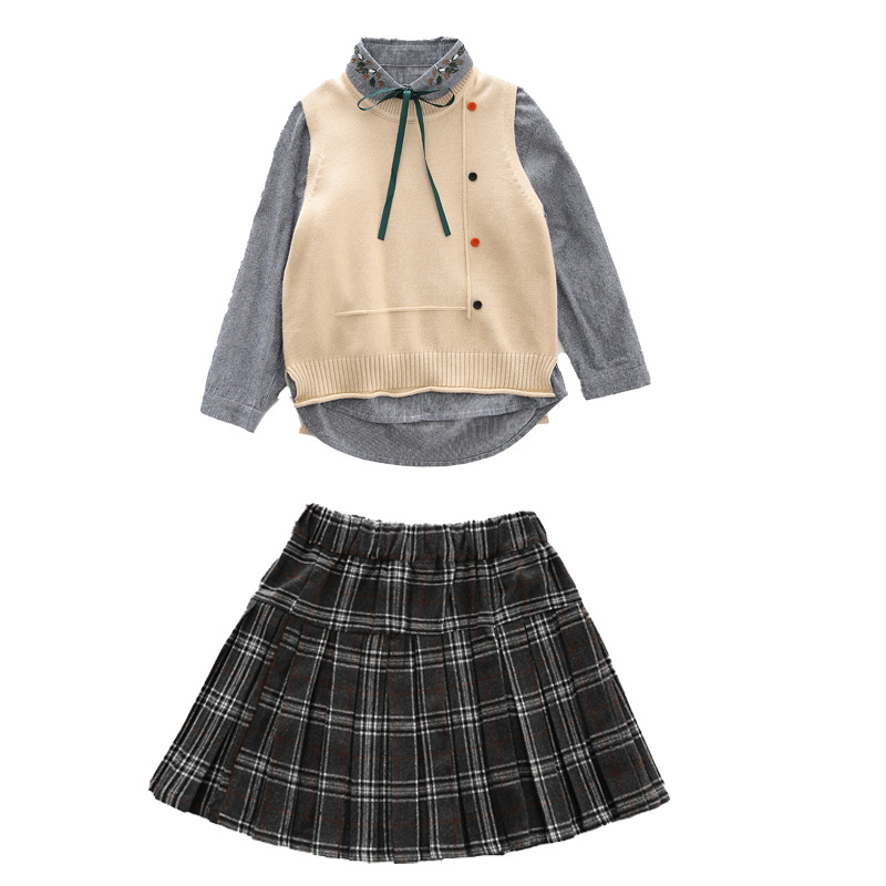 

Girls' College Wind Set 2021 Autumn and Winter Children's Wear Autumn Vese Trirt Pable Pleated Drape Skirt Children's Shirt, White
